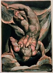 Urizens første bog; Mand svævende på hovedet, 1794 (farvetrykt relief ætsning)